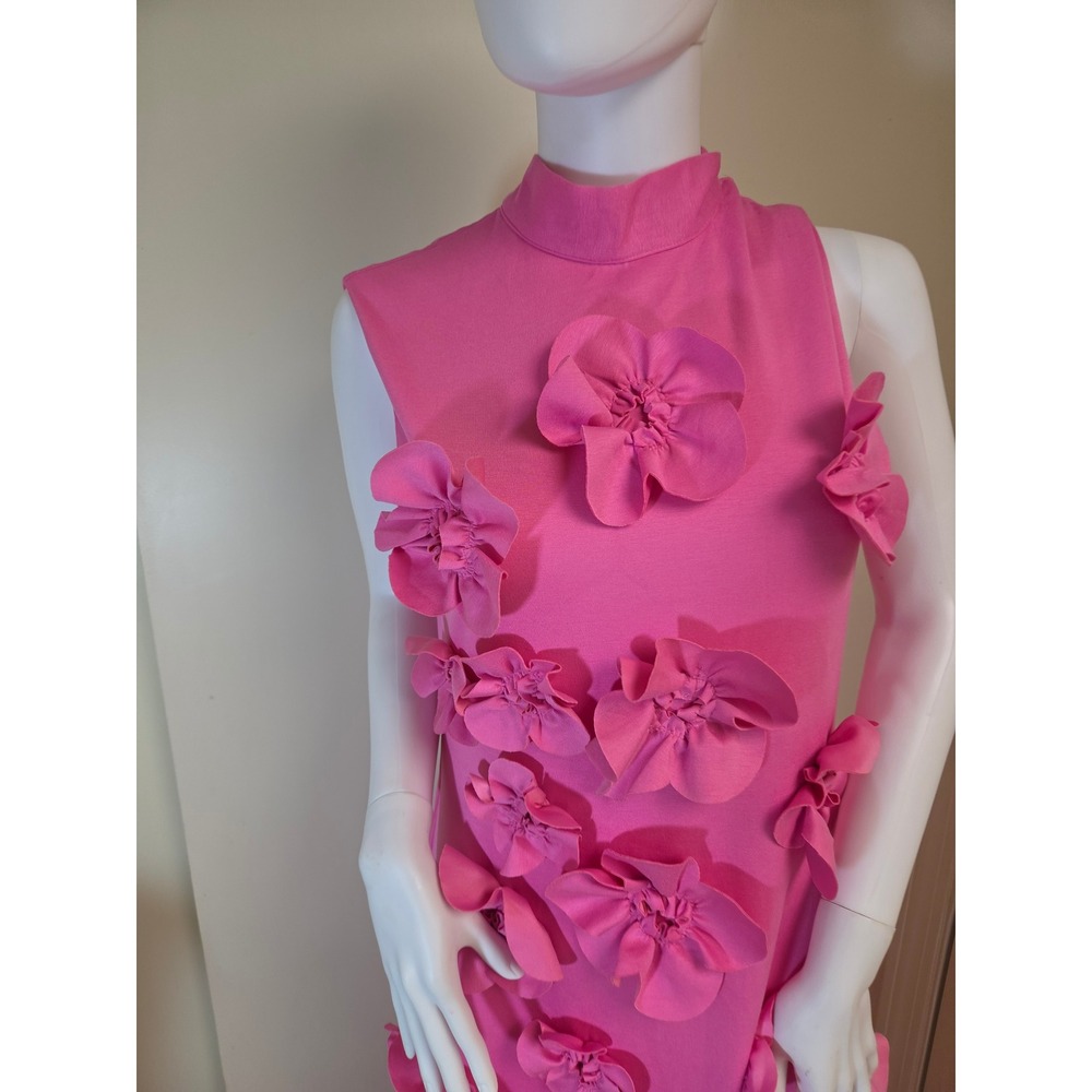 Pink 3D Floral Applique Mock Neck Maxi Dress Sleeveless Tie Back Gown Large - Picture 6 of 8